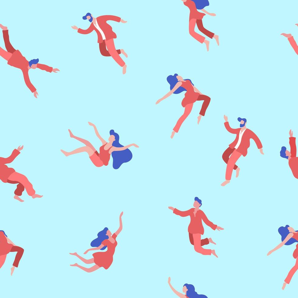 personas volando en patrones sin fisuras de sueños. personajes masculinos y femeninos con túnicas rojas flotando alegremente. vector
