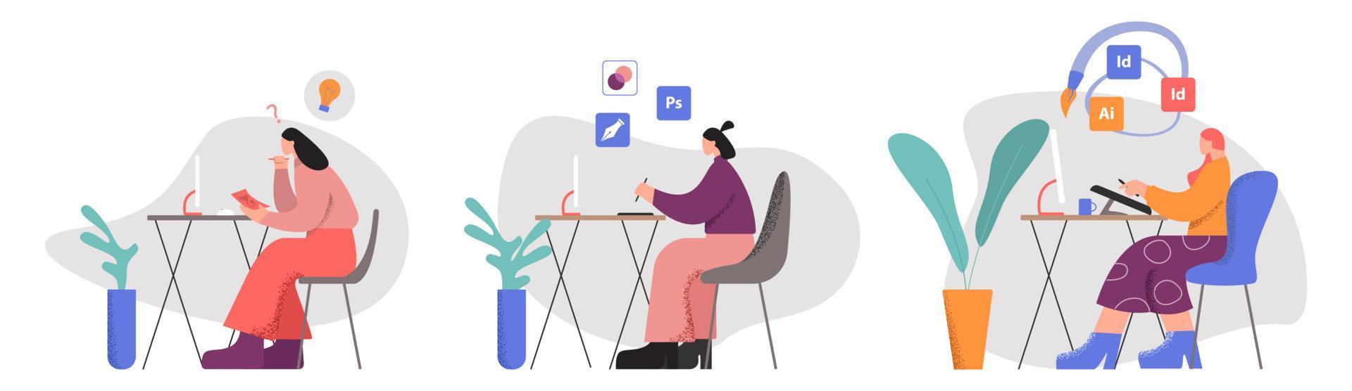 Set female creative designer worker at workplace big limbs style vector flat illustration