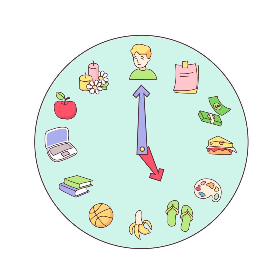 Cartoon clock time with icons for productivity and schedule vector graphic illustration