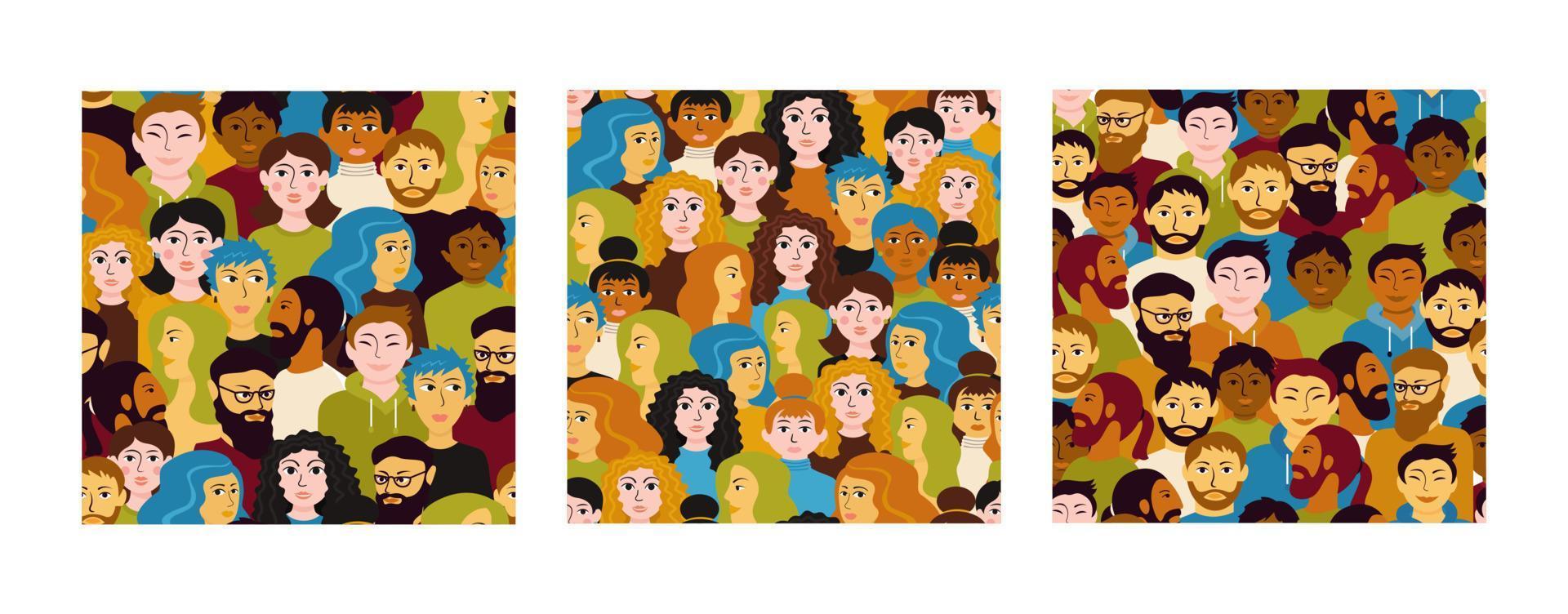 Crowd of people seamless pattern set. Men and women different nationalities funny sad. vector