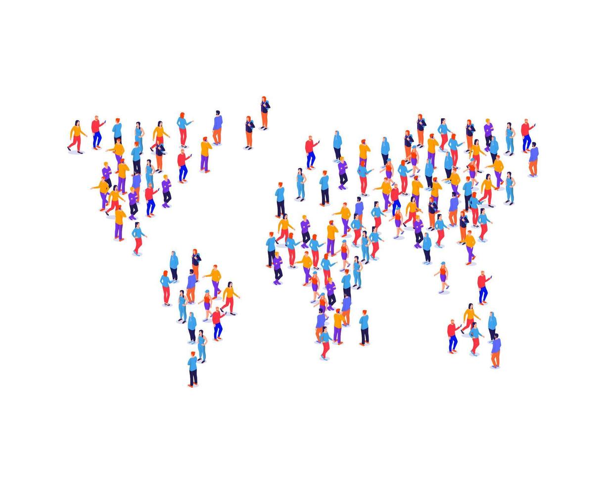 Crowd people in shape earth map isometric illustration. Groups characters lined up with world continents analysis human population. vector