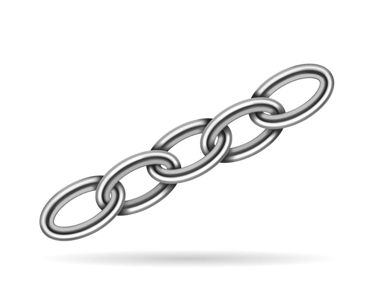 Realistic metal chain texture. Silver color chains link isolated on white background. Strong iron chainlet solid three dimensional design element. vector