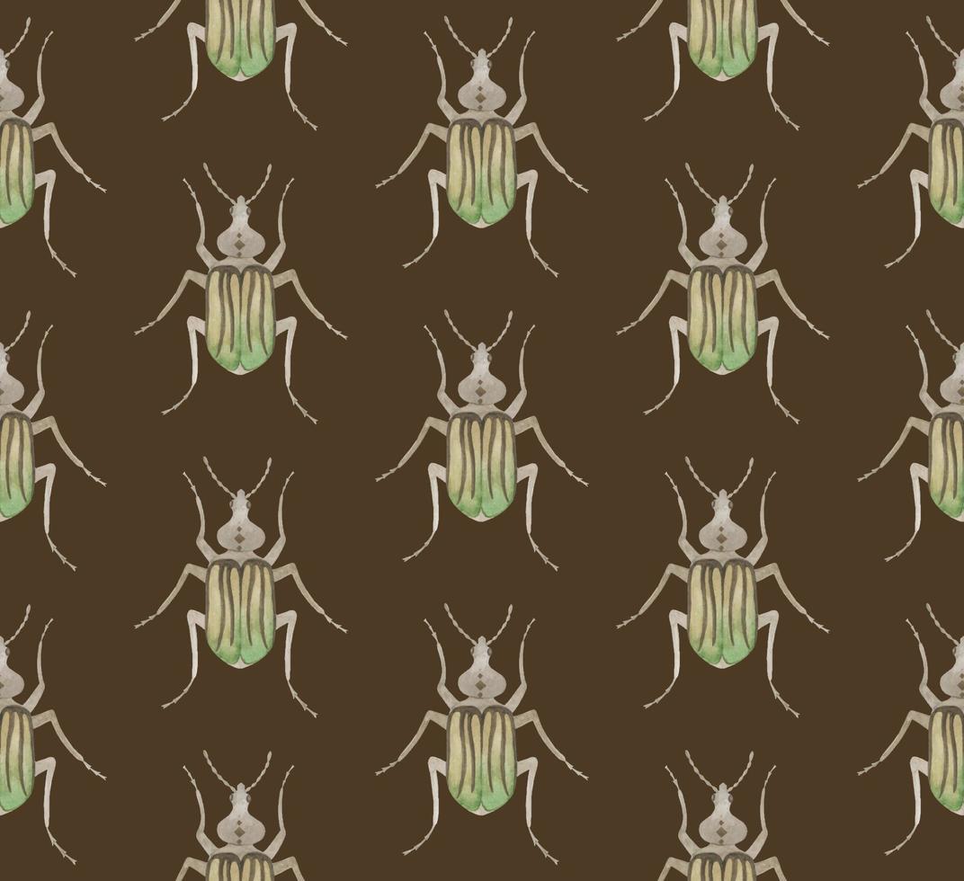 BROWN VECTOR SEAMLESS PATTERN WITH WATERCOLOR BEETLES