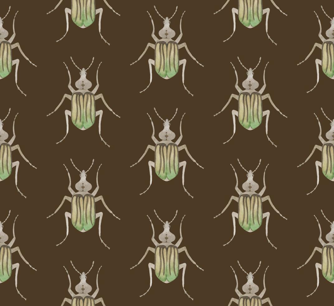 BROWN VECTOR SEAMLESS PATTERN WITH WATERCOLOR BEETLES