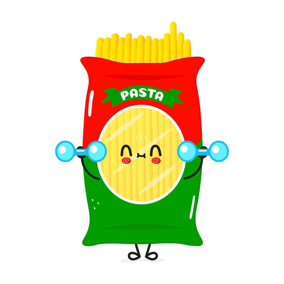 lindo personaje de espagueti divertido con pesas. icono de ilustración de personaje kawaii de dibujos animados dibujados a mano vectorial. aislado sobre fondo blanco. concepto de gimnasio de carácter de pasta vector