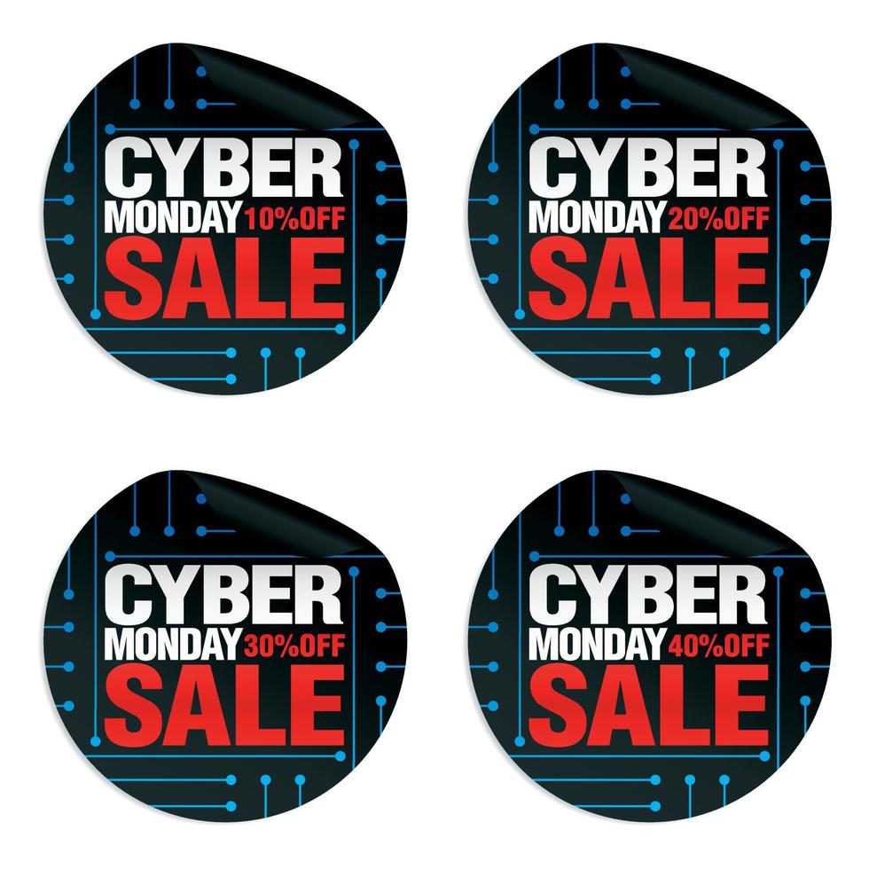 Cyber monday sale stickers set 10, 20, 30, 40 off vector