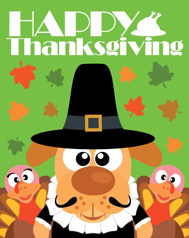 Happy Thanksgiving day background,with dog pilgrim and two turkey vector