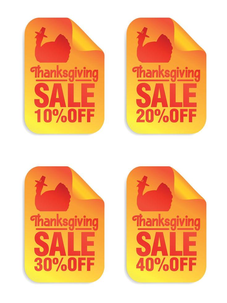 Thanksgiving sale orange stickers set 10, 20, 30, 40 off, turkey with pilgrim hat vector