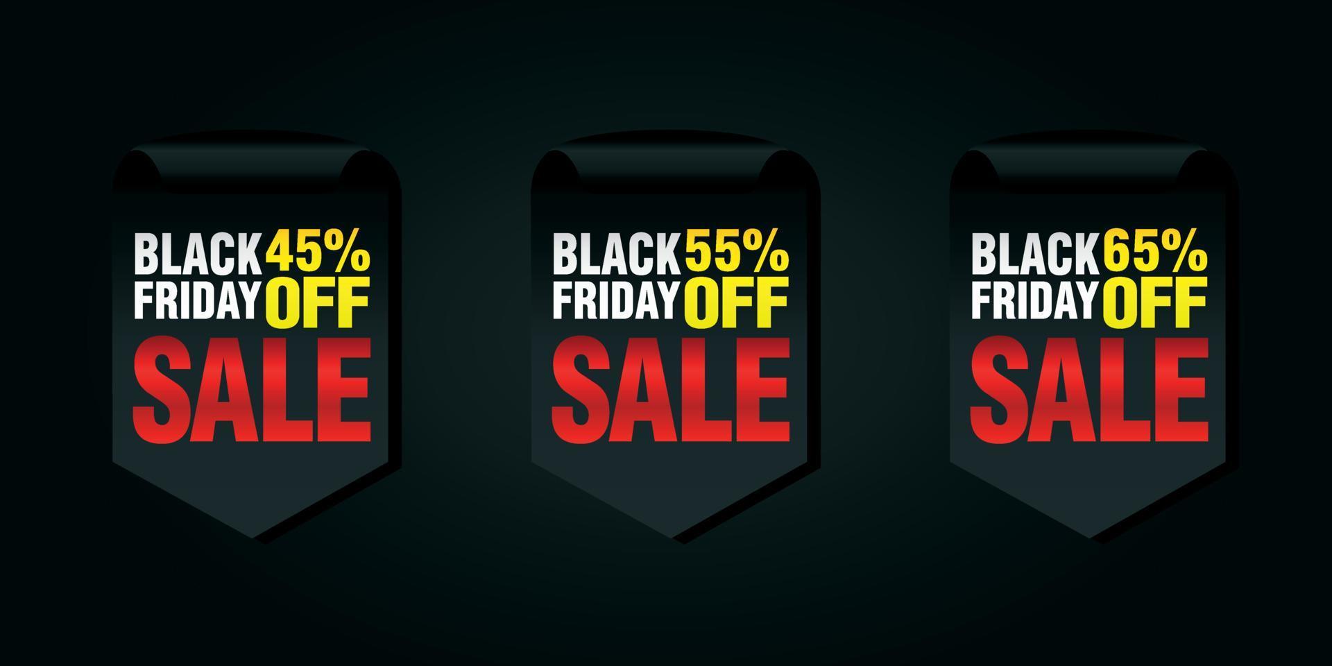 Black friday set of sale badges 45, 55, 65 off vector
