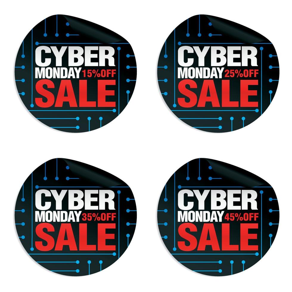 Cyber monday sale stickers set 15, 25, 35, 45 off vector