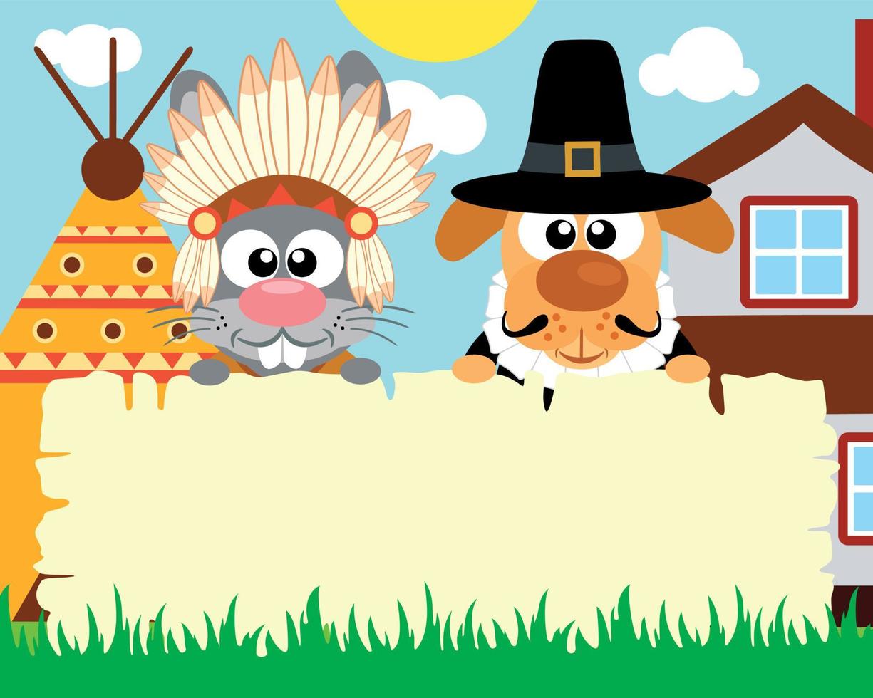 Thanksgiving day background with rabbit indian and dog pilgrim ,vector vector