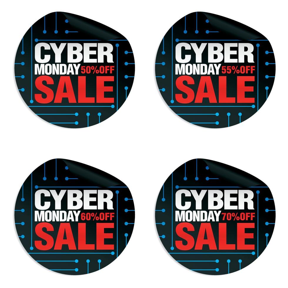 Cyber monday sale stickers set 50, 55, 60, 70 off vector