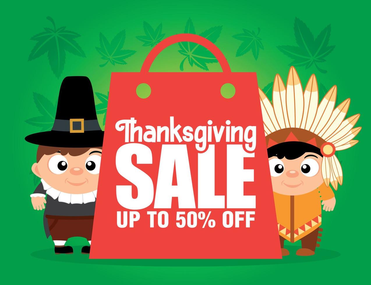 Thanksgiving Sale design with 50 Discount, flayer for holiday. Funny Thanksgiving pilgrim boy, indian boy poster vector