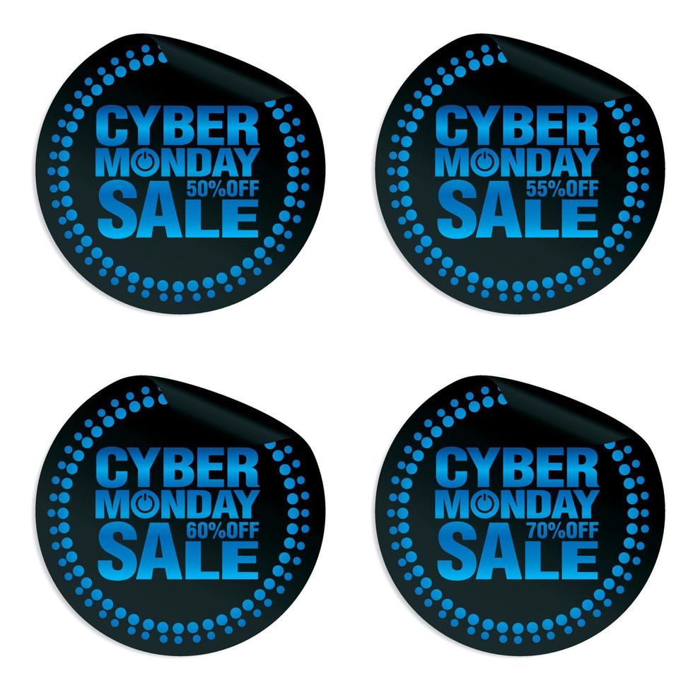 Cyber monday sale power stickers set 50, 55, 60, 70 off vector