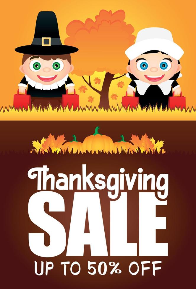 Thanksgiving Sale poster with 50 percent discount flyer for holiday. Funny kids in the costumes of pilgrims vector
