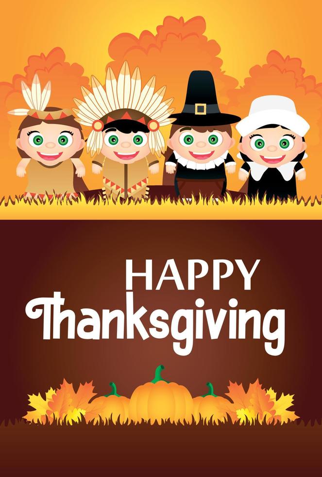 Happy Thanksgiving poster flayer for holiday. Funny kids in the costumes native Americans indian and pilgrims vector