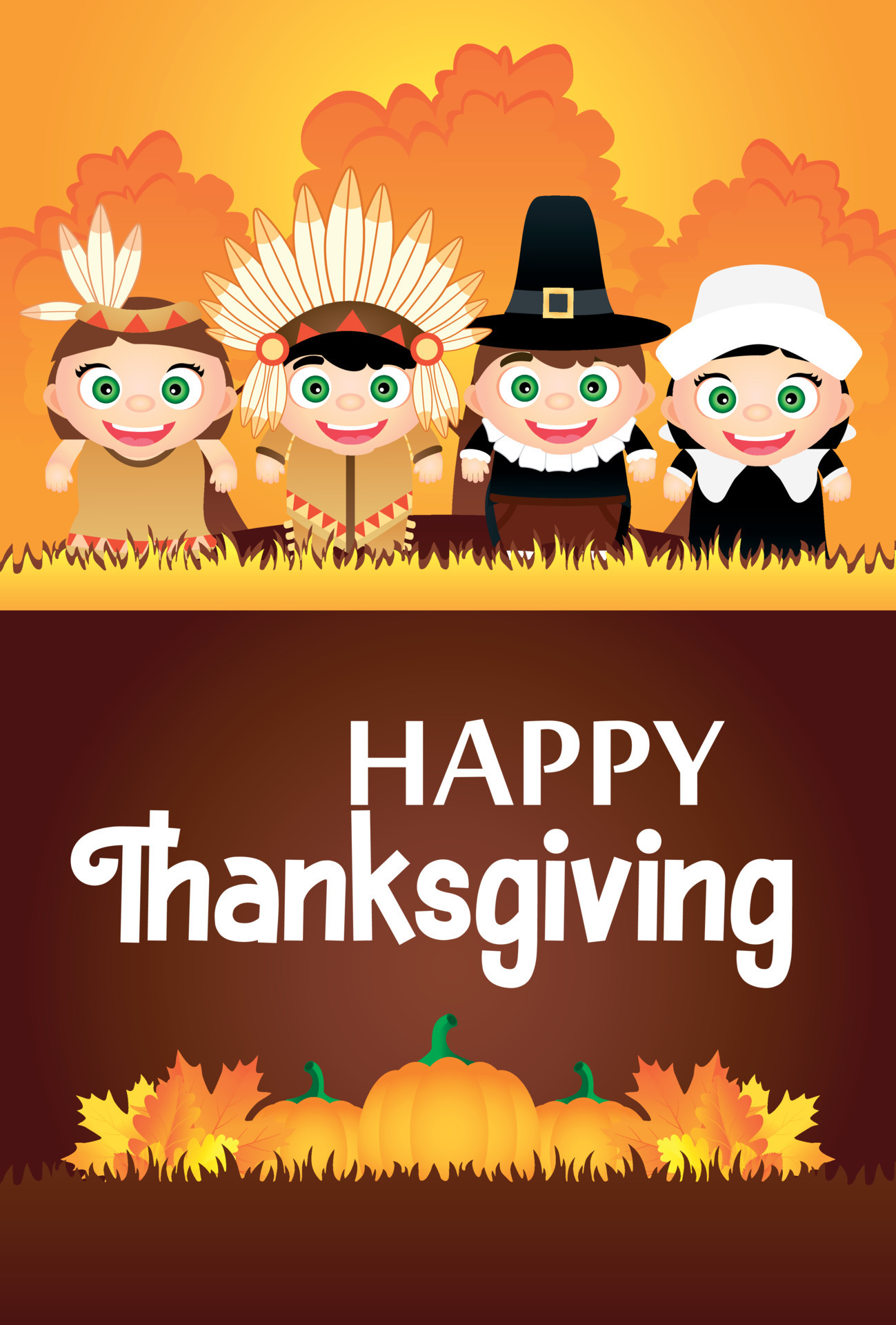 Happy Thanksgiving poster flayer for holiday. Funny kids in the