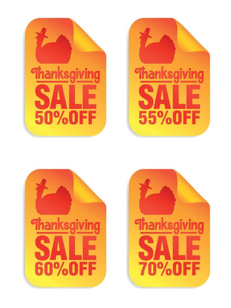 Thanksgiving sale orange stickers set 50, 55, 60, 70 off, turkey with pilgrim hat vector