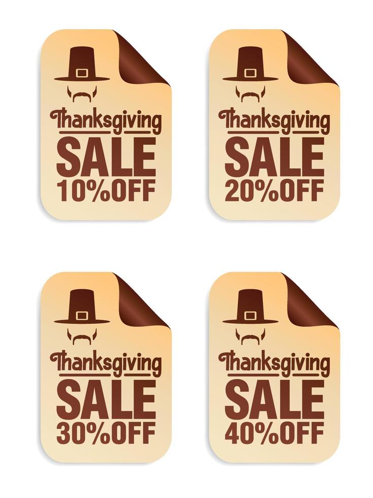 Thanksgiving sale stickers set 10, 20, 30, 40 percent off with pilgrim icon vector