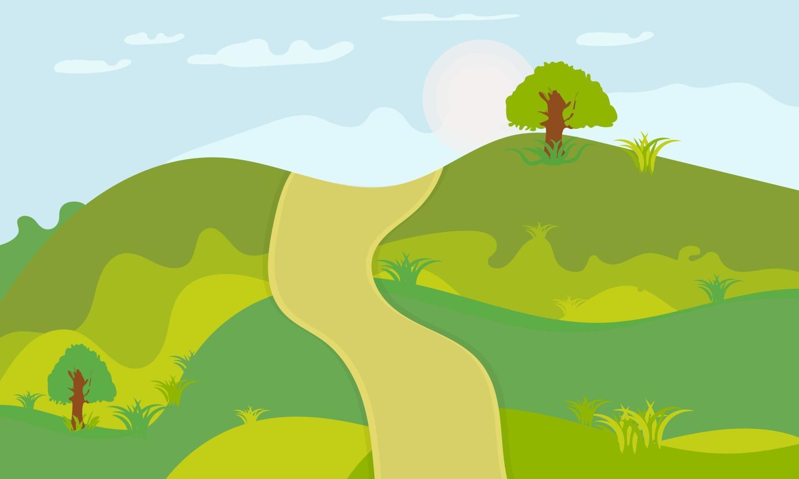 pradera en blanco paisaje de montaña escena verde al atardecer, fondo de naturaleza salvaje, ilustración de papel tapiz de paisaje vector