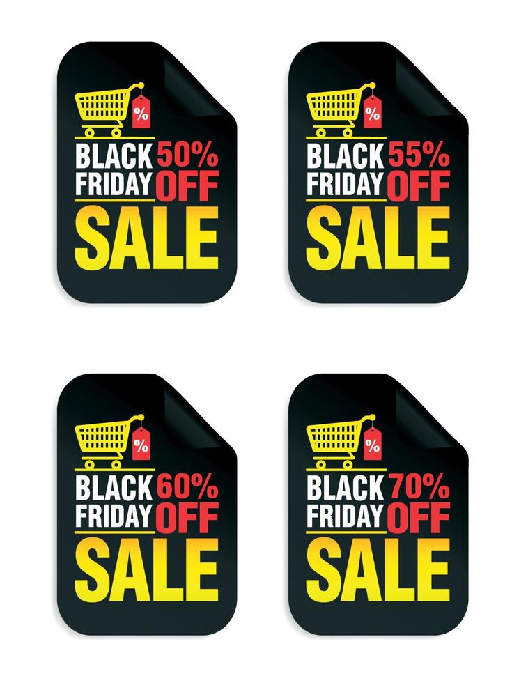 Set of Black Friday Sale stickers. Black Friday sale 50, 55, 60, 70 off with shopping cart vector