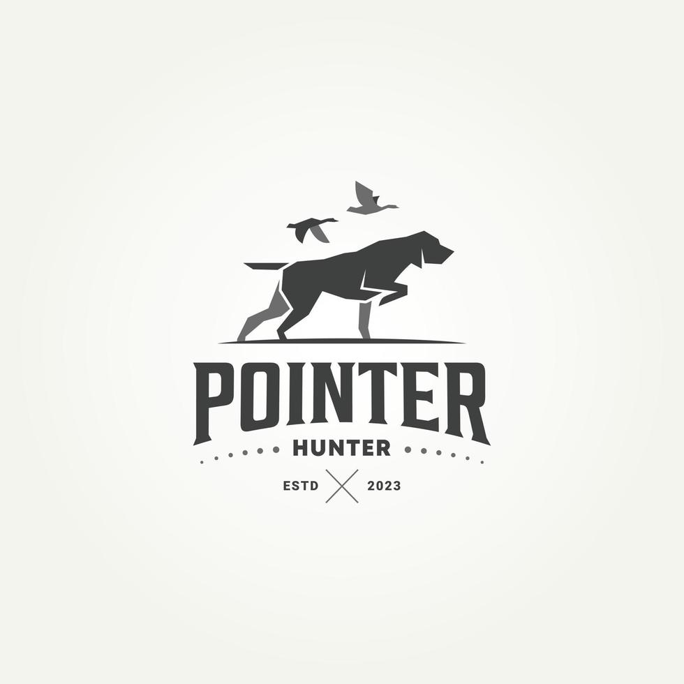 Silueta puntero perro caza insignia logotipo plantilla vector ilustración diseño. pato encima del concepto de logotipo del emblema del equipo de caza del perro del puntero