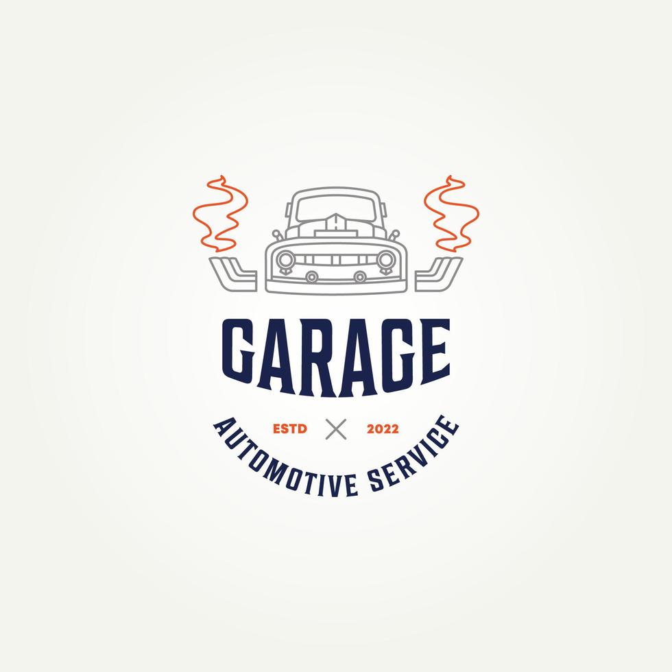 vintage retro car repair garage line art icon logo template vector illustration design. classic car truck with turbo engine restoration shop logo concept