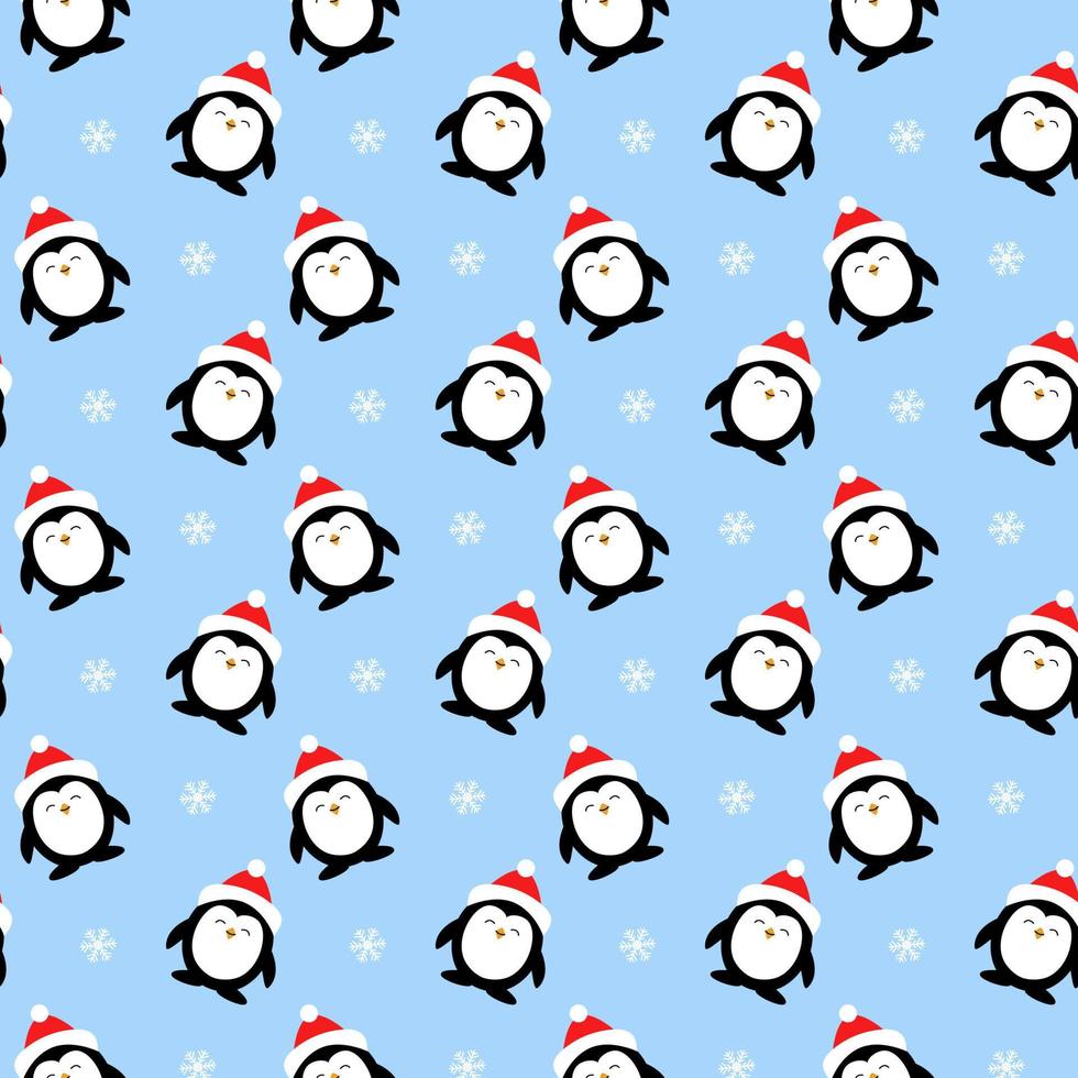 Seamless cute pattern, penguins and snowflakes. Penguin in red hat, winter. Print for wrapping, wallpaper, fabric, textile. Cartoon vector illustration for children. Blue background.