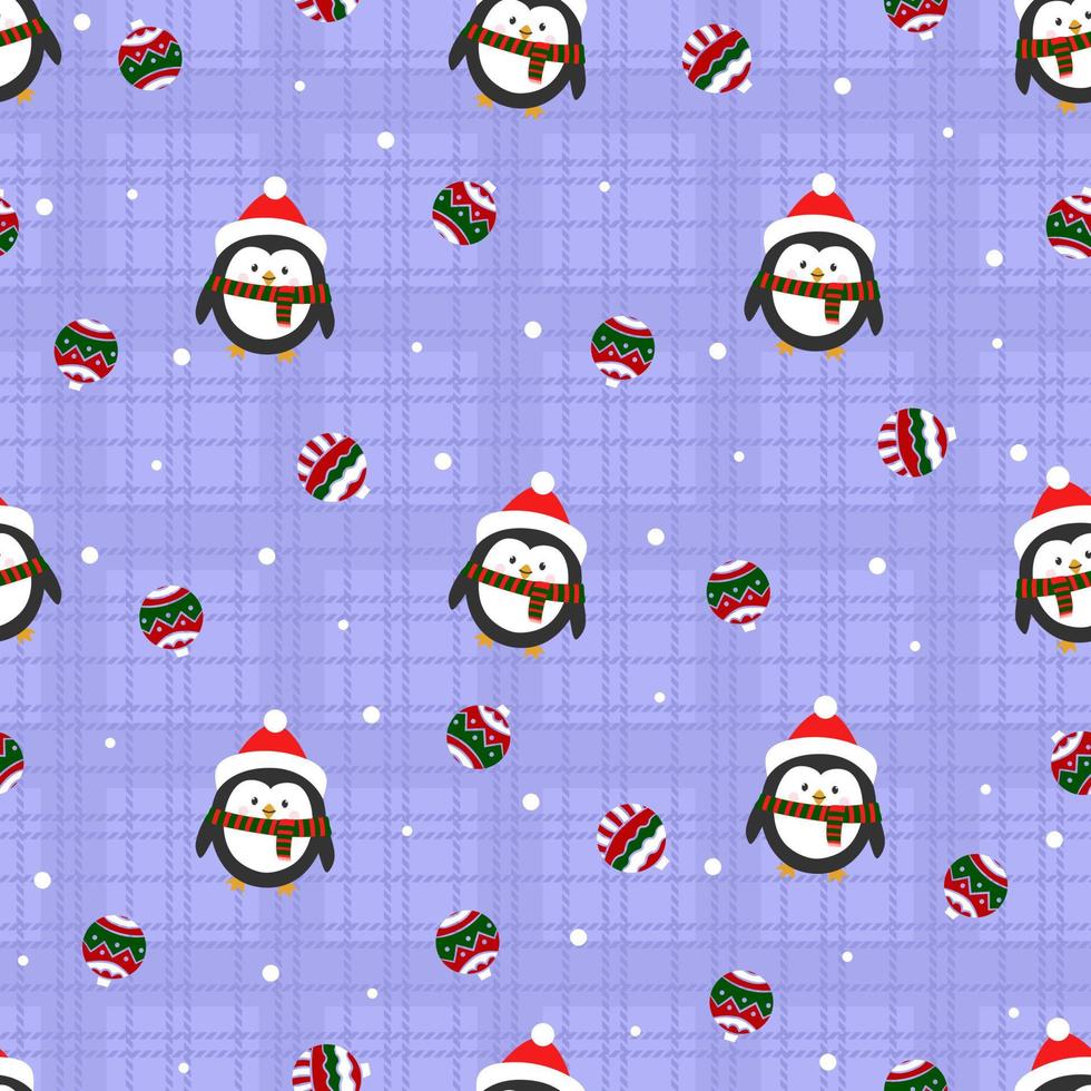 patrón sin costuras de navidad con pingüinos y bolas de árboles de navidad. impresión para papel de envolver, rellenos de patrón, saludos de invierno, fondo de página web, tarjetas de felicitación de navidad y año nuevo vector