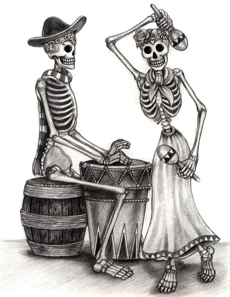 pareja de arte tocando música día de muertos. dibujo a mano y hacer vector gráfico.