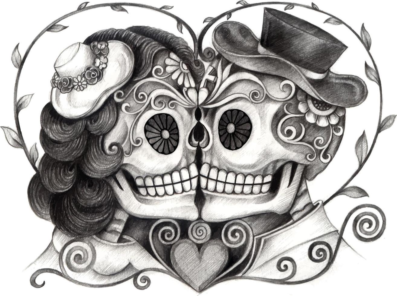 arte pareja enamorada calaveras dia de muertos. dibujo a mano y hacer vector gráfico.