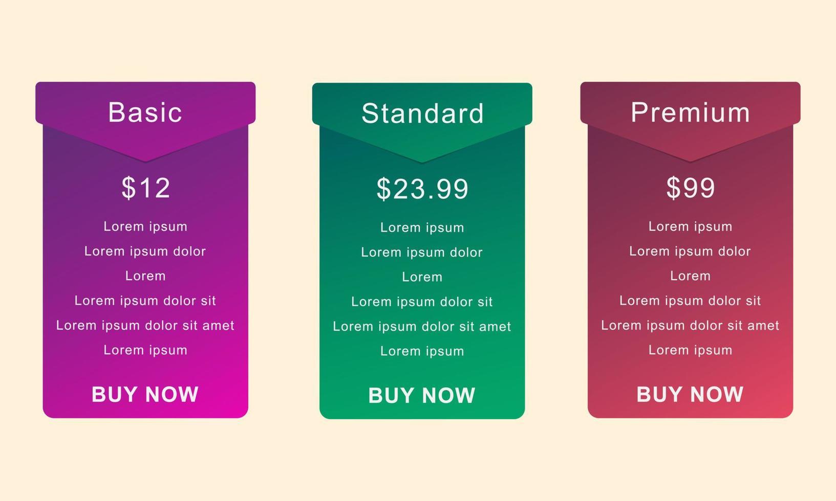 Pricing table for business website. comparison chart template. comparison table. vector illustration