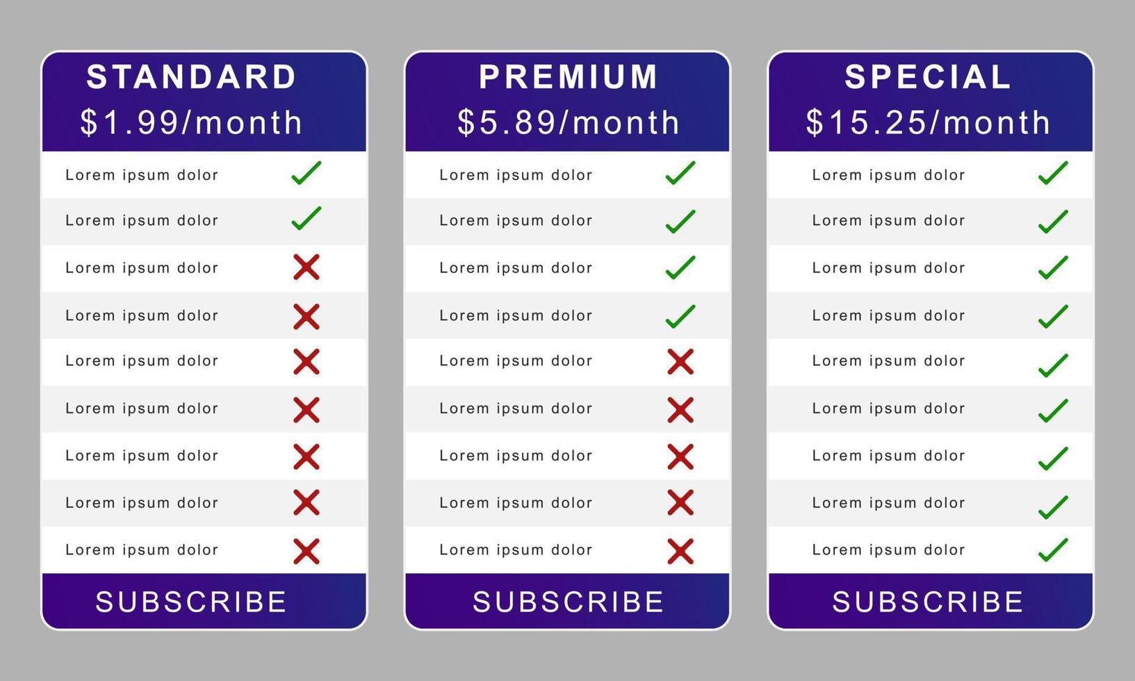 Pricing table for business website. comparison chart template. comparison table. vector illustration