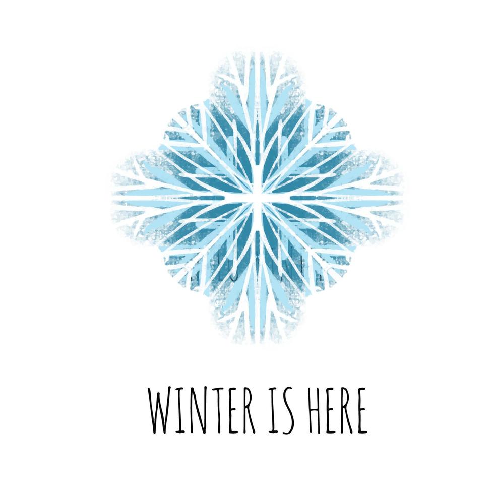Snowflake illustration in blue color isolated on white background with text Winter is here vector