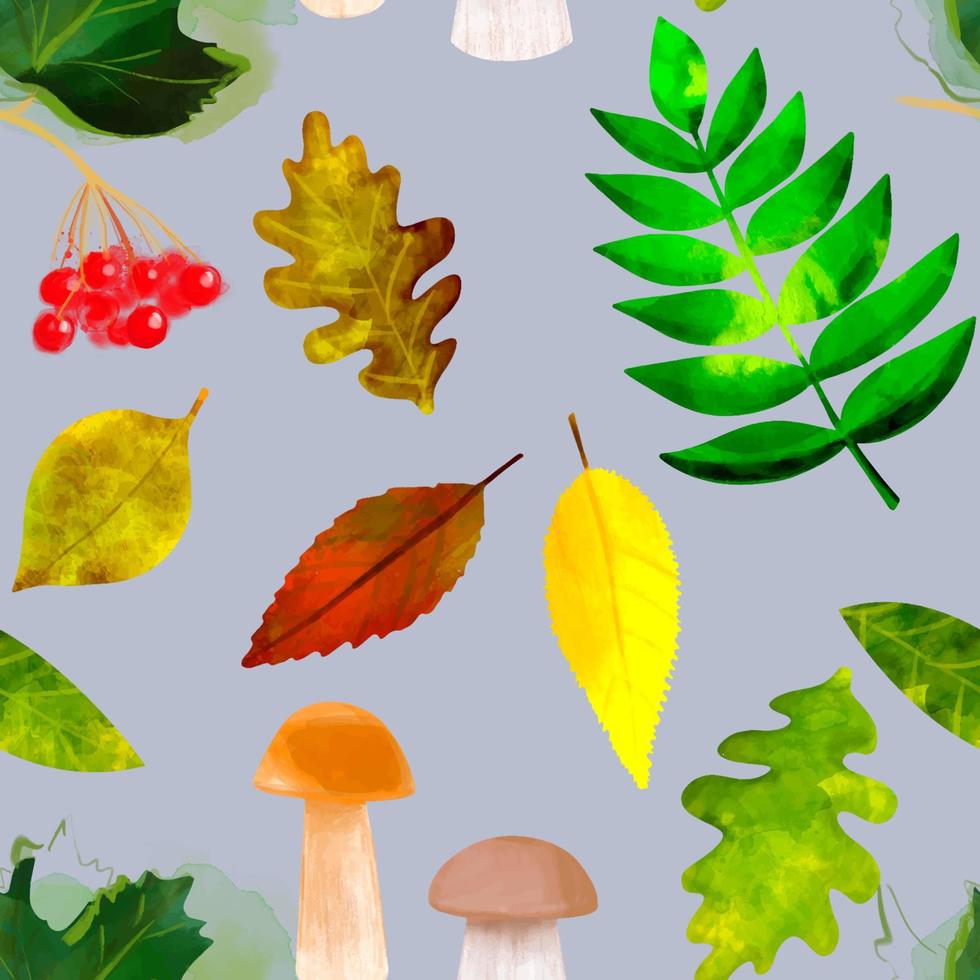 Autumn seamless pattern with leaves and mushrooms illustration vector