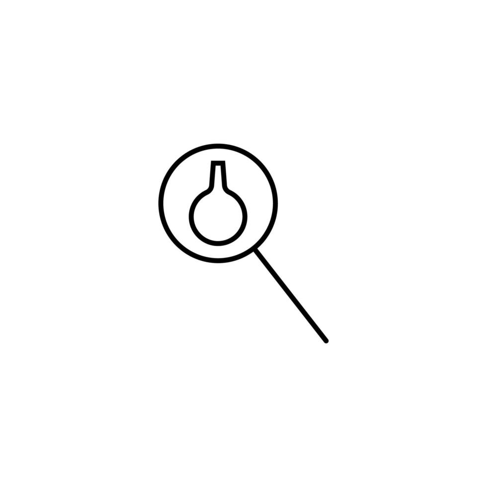 Outline symbols in flat style. Modern signs drawn with thin line. Editable strokes. Suitable for advertisements, books, internet stores. Line icon of laboratory bulb under magnifying glass vector