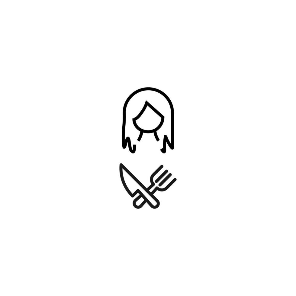 Profession, hobby, everyday life concept. Modern vector symbol suitable for shops, store, books, articles. Line icon of woman by crossed fork and knife