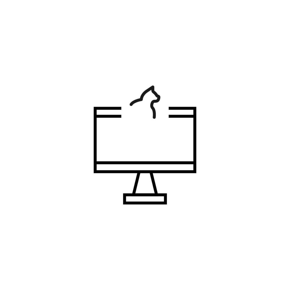 Monochrome sign drawn with black thin line. Perfect for internet resources, stores, books, shops, advertising. Vector icon of cat inside of computer