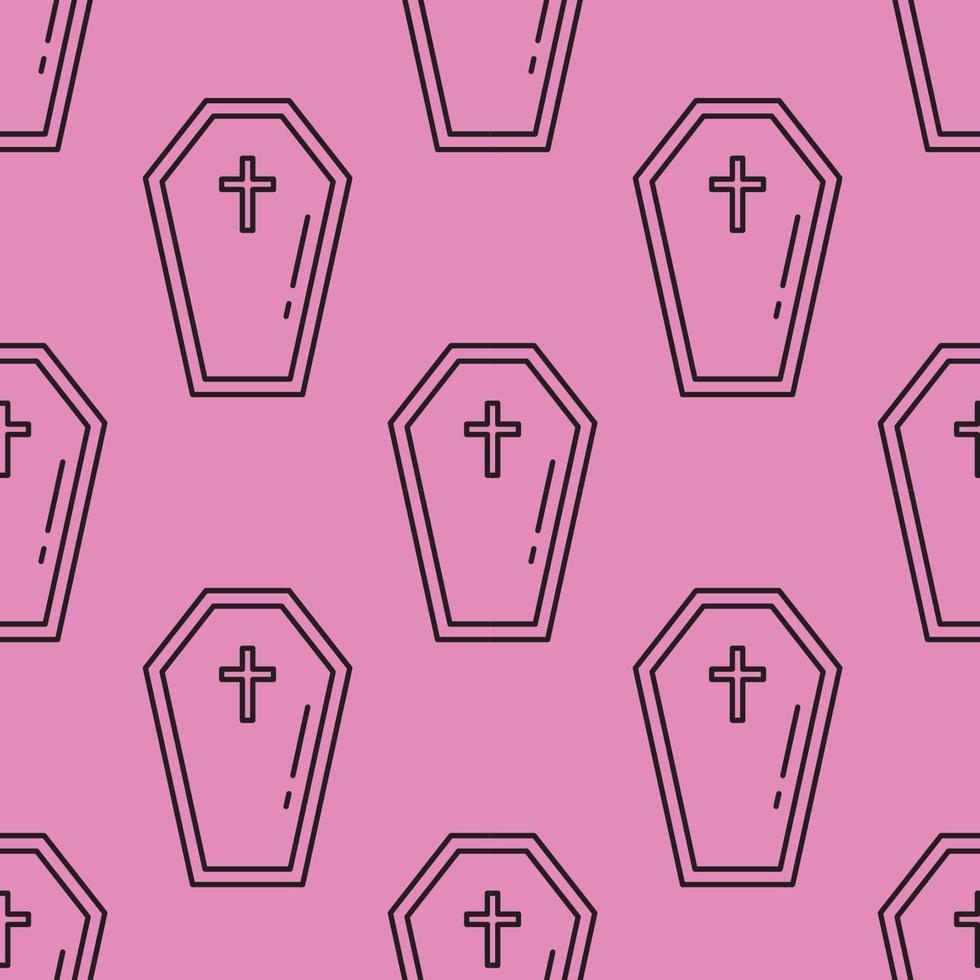 Halloween concept. Vibrant vector seamless pattern of coffin on violet background. Perfect for wrapping, wallpapers, postcards, web sites, shops