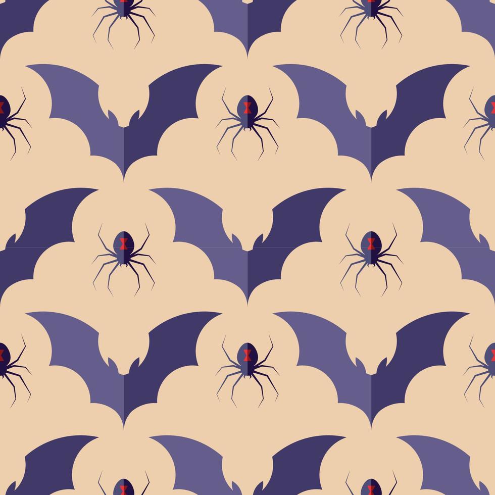 Halloween concept. Vibrant vector seamless pattern of bat and spider on light beige background. Perfect for wrapping, wallpapers, postcards, web sites, shops