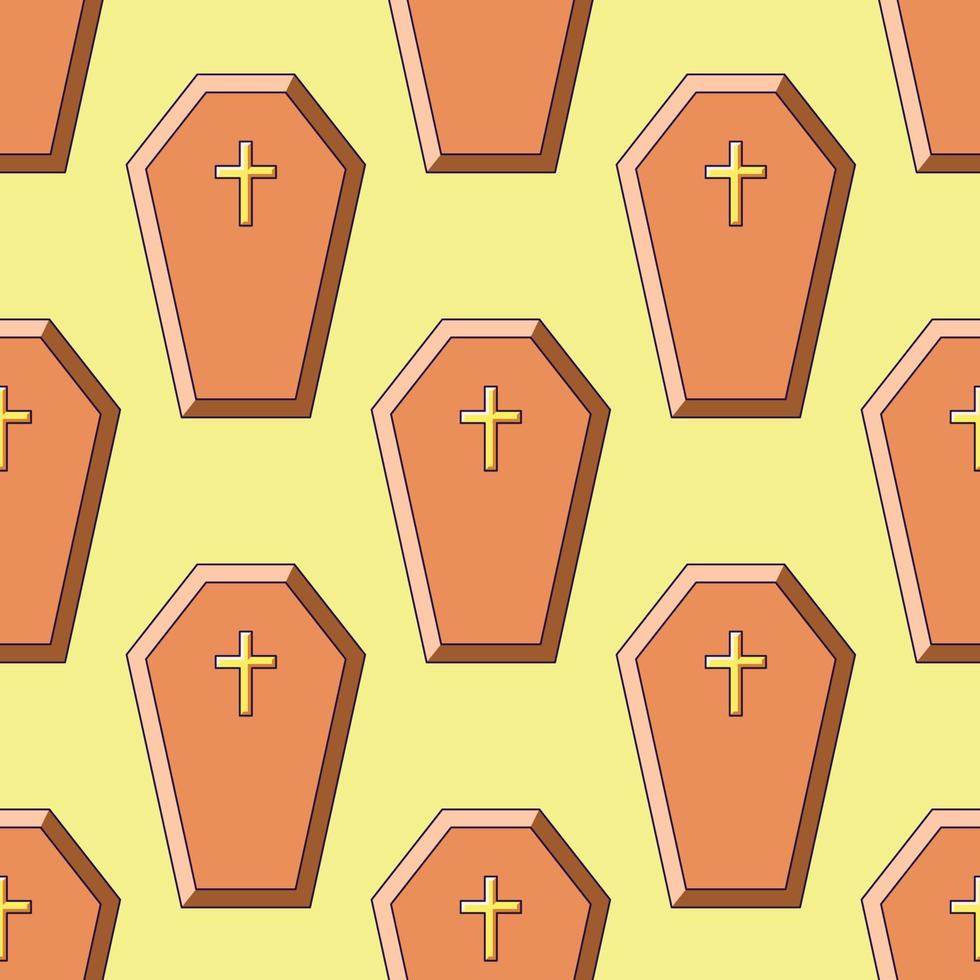 Halloween concept. Vibrant vector seamless pattern of coffin with cross on yellow background. Perfect for wrapping, wallpapers, postcards, web sites, shops