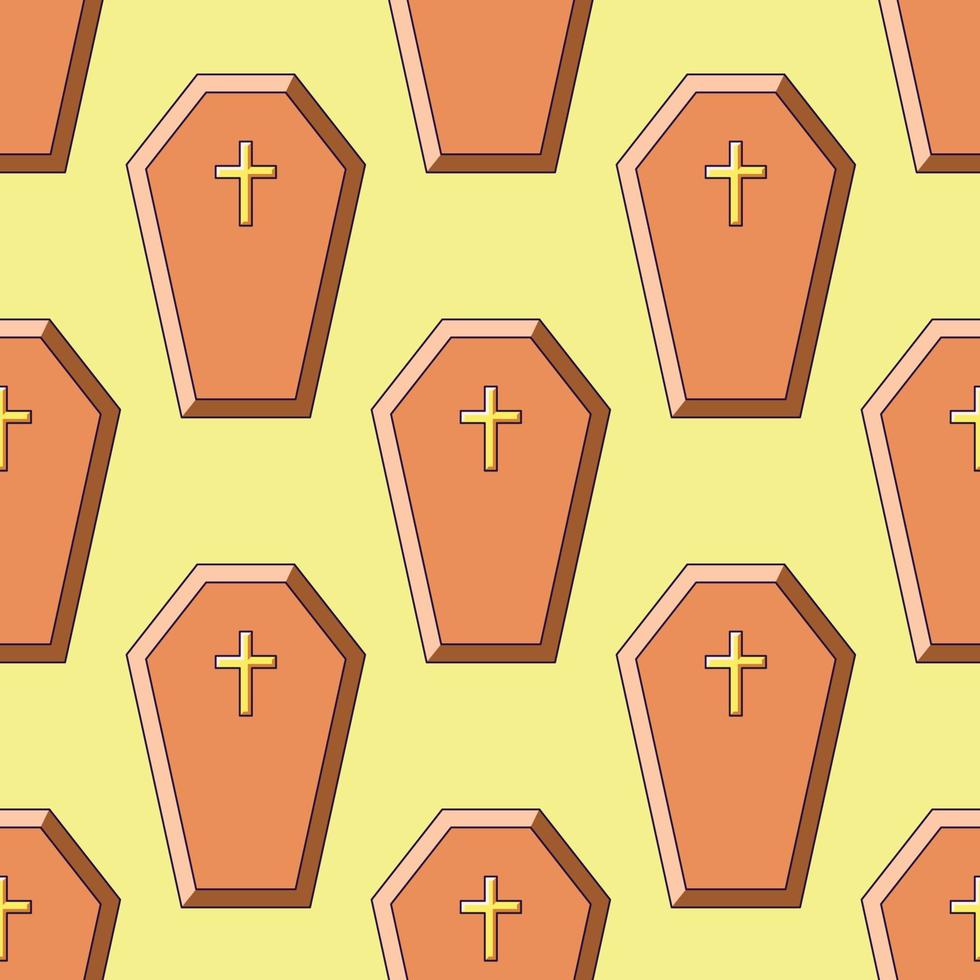 Halloween concept. Vibrant vector seamless pattern of coffin with cross on yellow background. Perfect for wrapping, wallpapers, postcards, web sites, shops