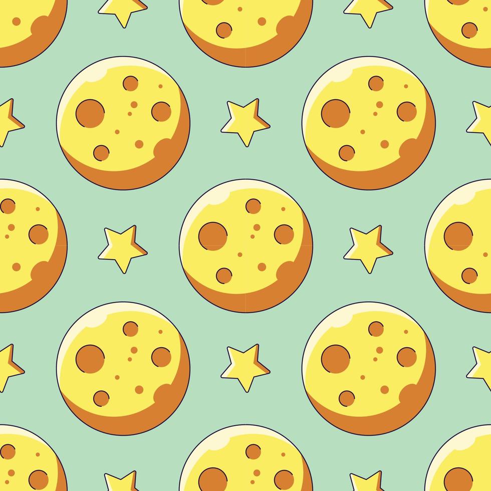 Halloween concept. Vibrant vector seamless pattern of The Moon and stars on light green background. Perfect for wrapping, wallpapers, postcards, web sites, shops