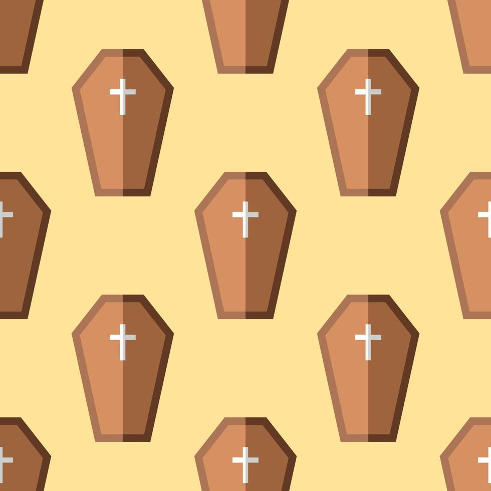 Halloween concept. Vibrant vector seamless pattern of coffin on light yellow background. Perfect for wrapping, wallpapers, postcards, web sites, shops