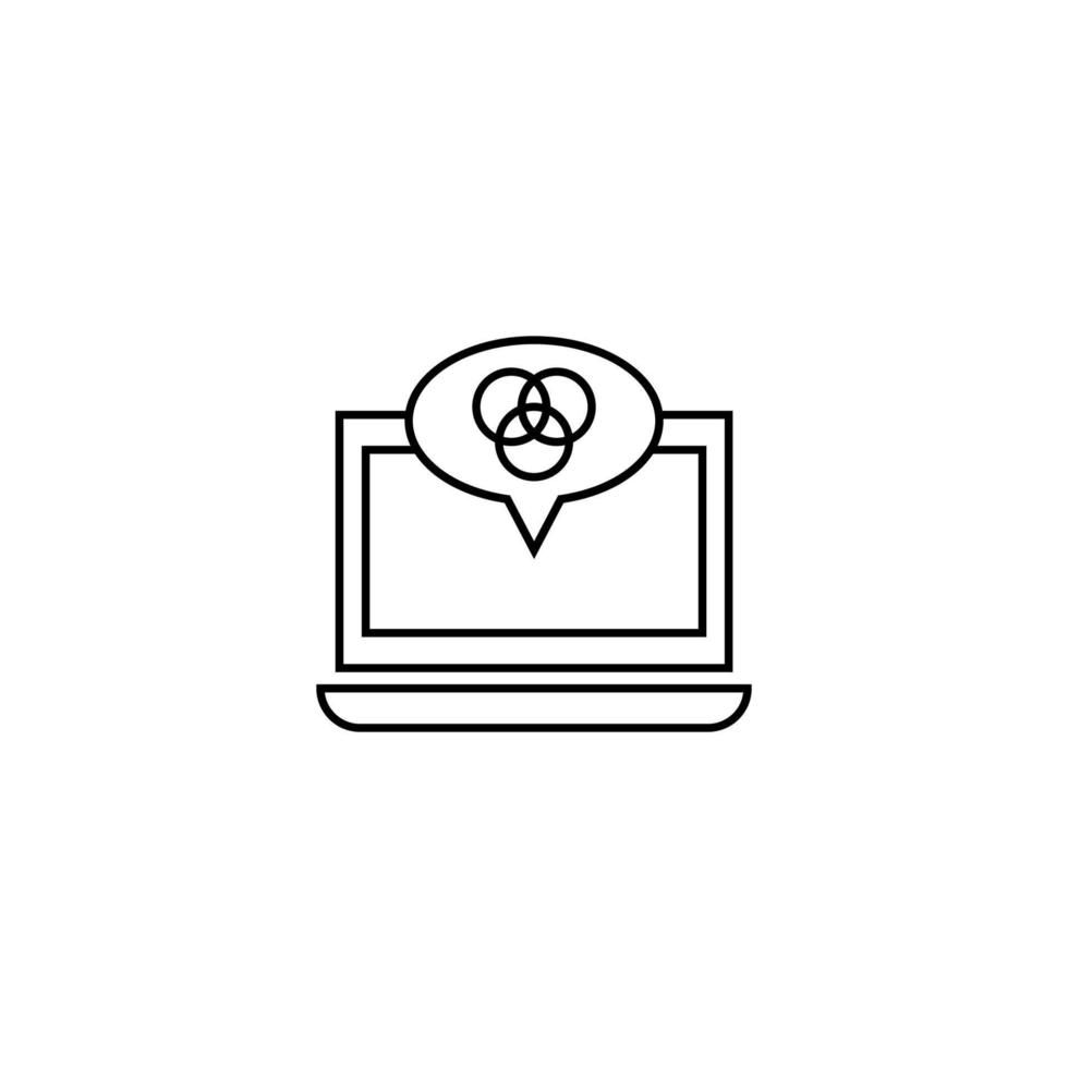 Computer, internet and communication concept. Modern monochrome sign in flat style. Suitable for web sites, stores, books etc. Line icon of intersected circles inside of speech bubble on laptop vector