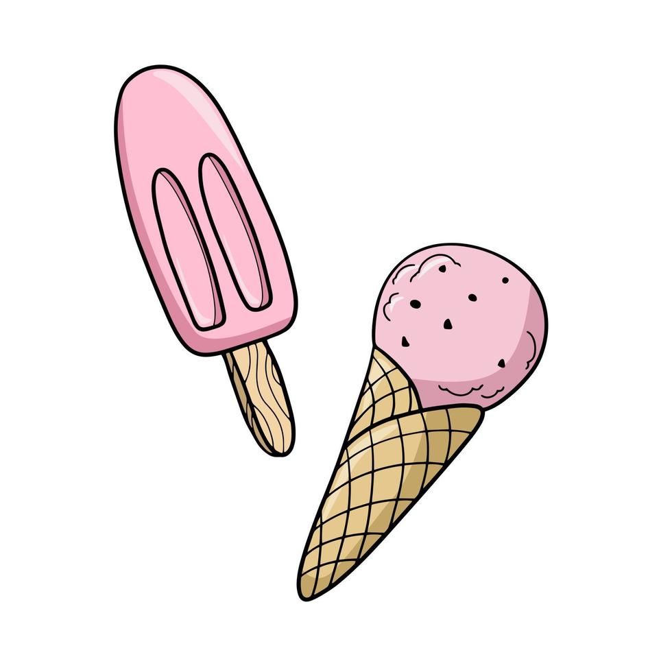 Set of colored icons, Pink fruit cold ice cream in a waffle cone, ice cream on a stick, vector illustration in cartoon style on a white background