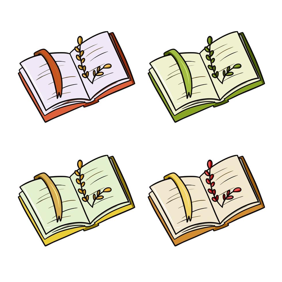 A set of colored icons, an open book with a bookmark and an autumn twig, a vector illustration in cartoon style on a white background