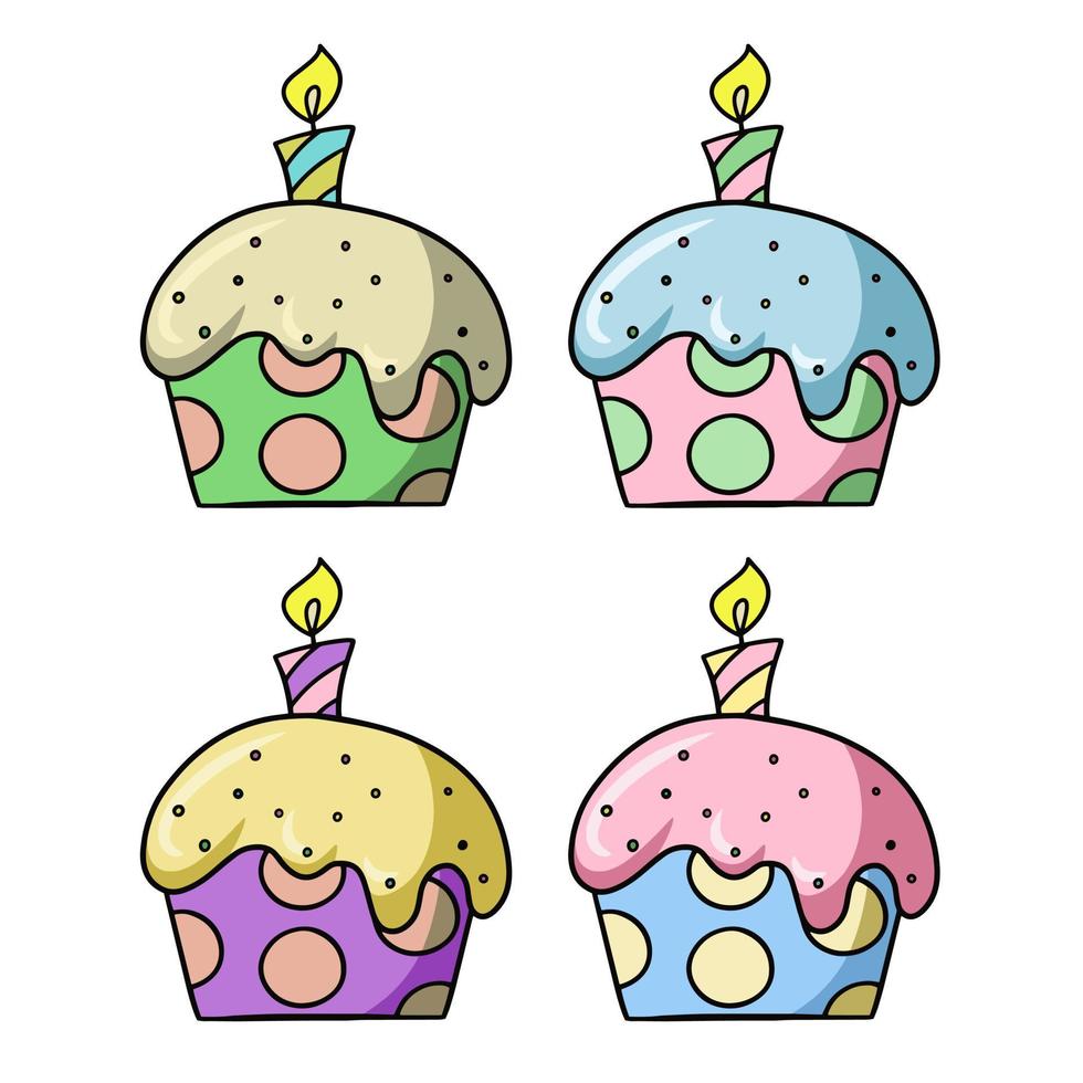 a set of colored icons, a festive muffin with a candle. Delicious cupcake with colorful sugar crumbs, vector illustration in cartoon style