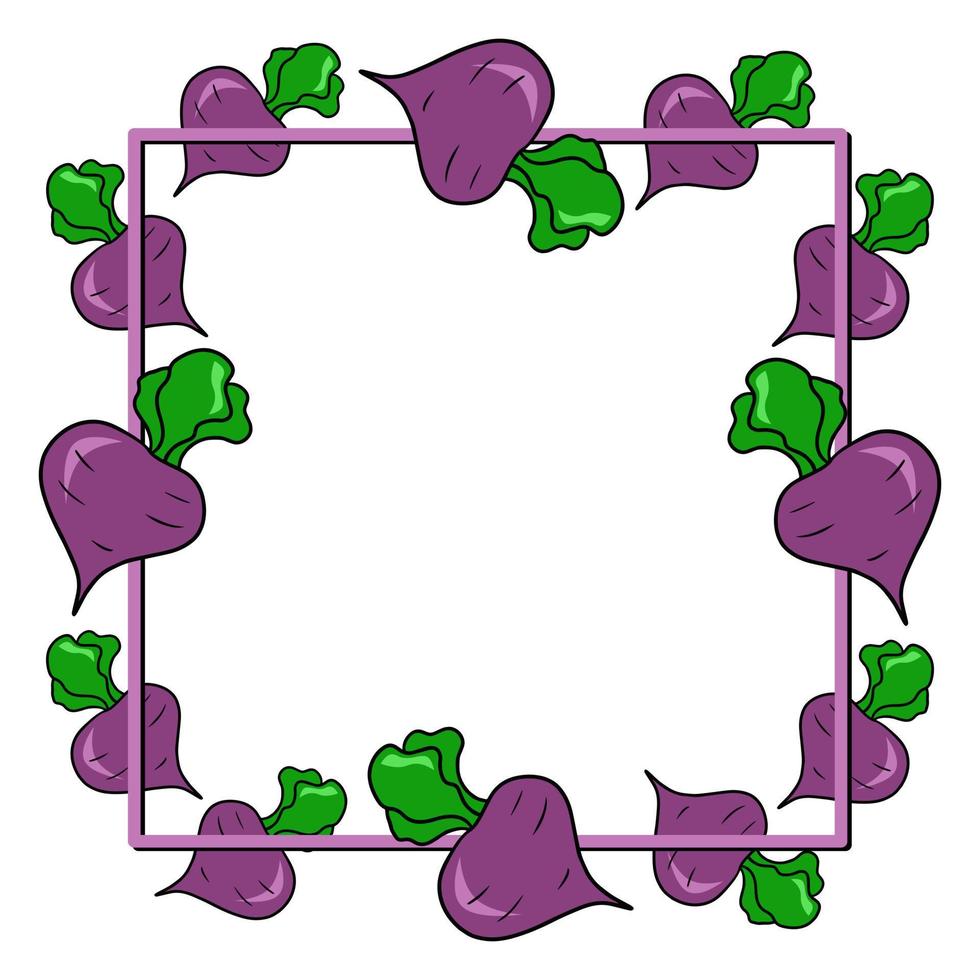 marco cuadrado, remolacha madura de color púrpura brillante, cultivo de raíz, espacio de copia, ilustración vectorial en estilo de dibujos animados sobre un fondo blanco vector