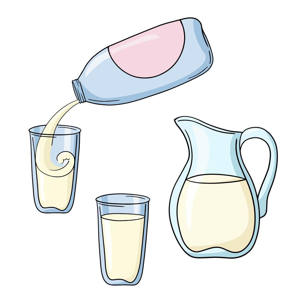 un conjunto de íconos de colores, una botella de plástico azul con una bebida, vierta leche en un vaso de vidrio, una grosella con leche. estilo de dibujos animados de vectores